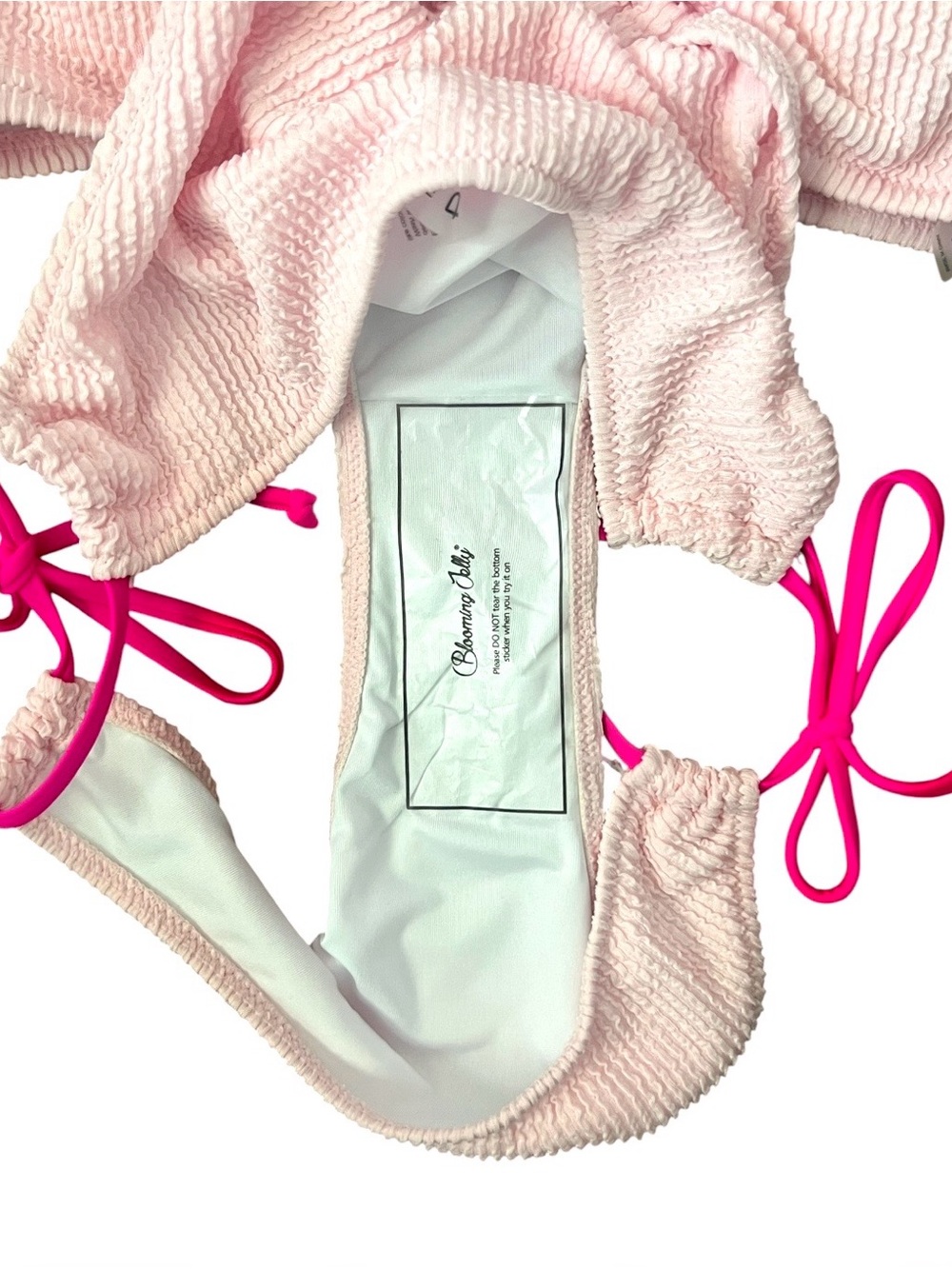 Women's Cheeky Pink Textured High Cut Tie-Side Bikini with Hot Pink Straps - Picture 13 of 13